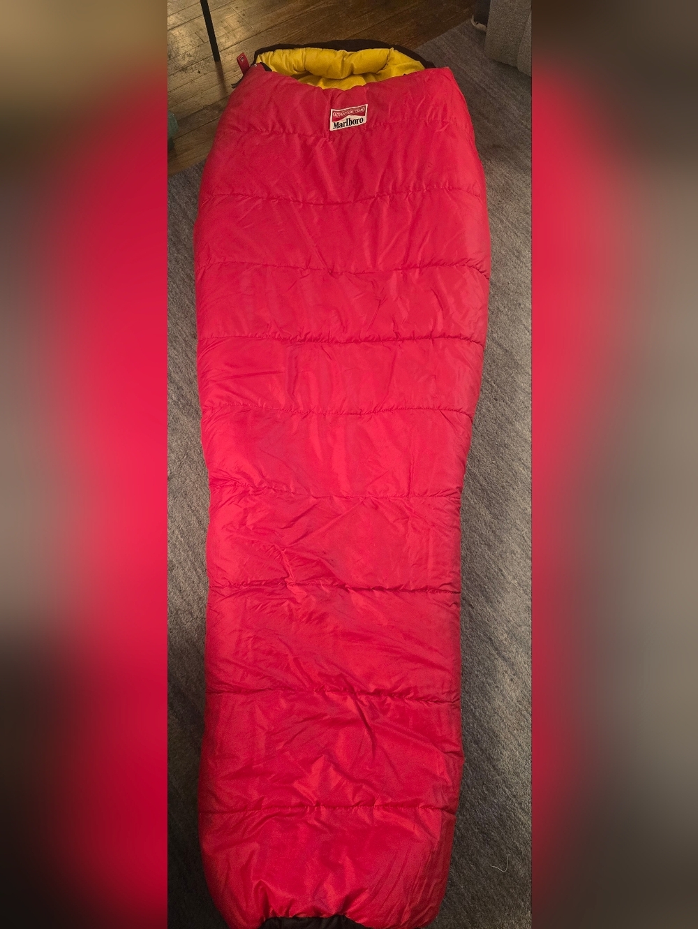 Vtg. Marlboro Adventure Team Sleeping Bag Red Mummy Style Camping Gear W/Bag!!